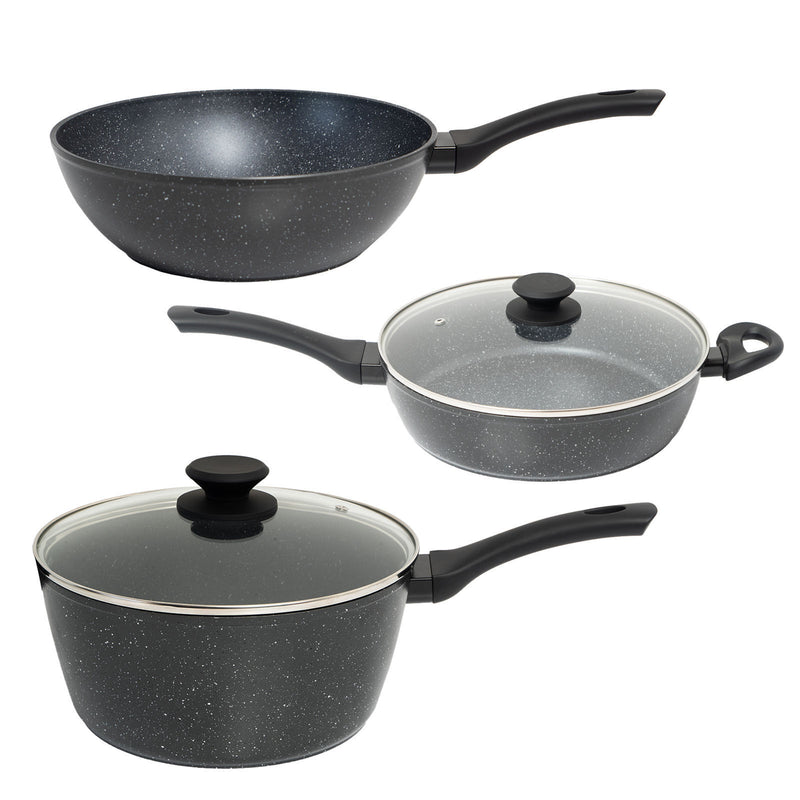 Stone Chef 3 Piece Set - 28cm Wok, 20cm Saucepan + Lid, 28cm Deep Frypan + Lid