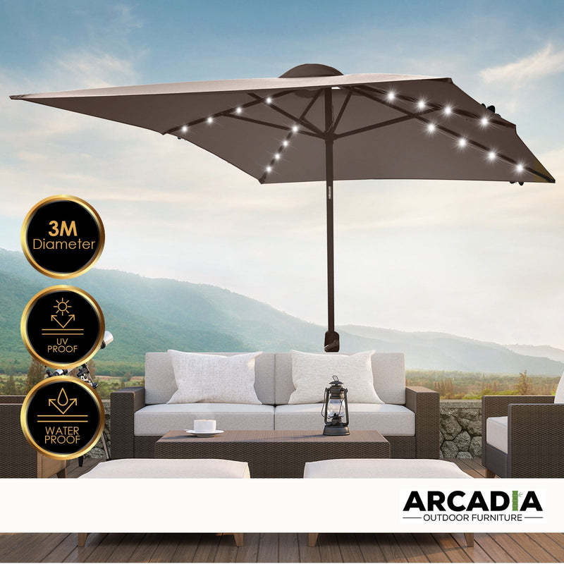 Arcadia Furniture Umbrella 3 Metre Umbrella with Solar LED Lights Garden Yard