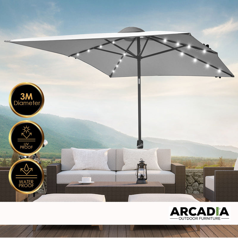 Arcadia Furniture Umbrella 3 Metre Umbrella with Solar LED Lights Garden Yard