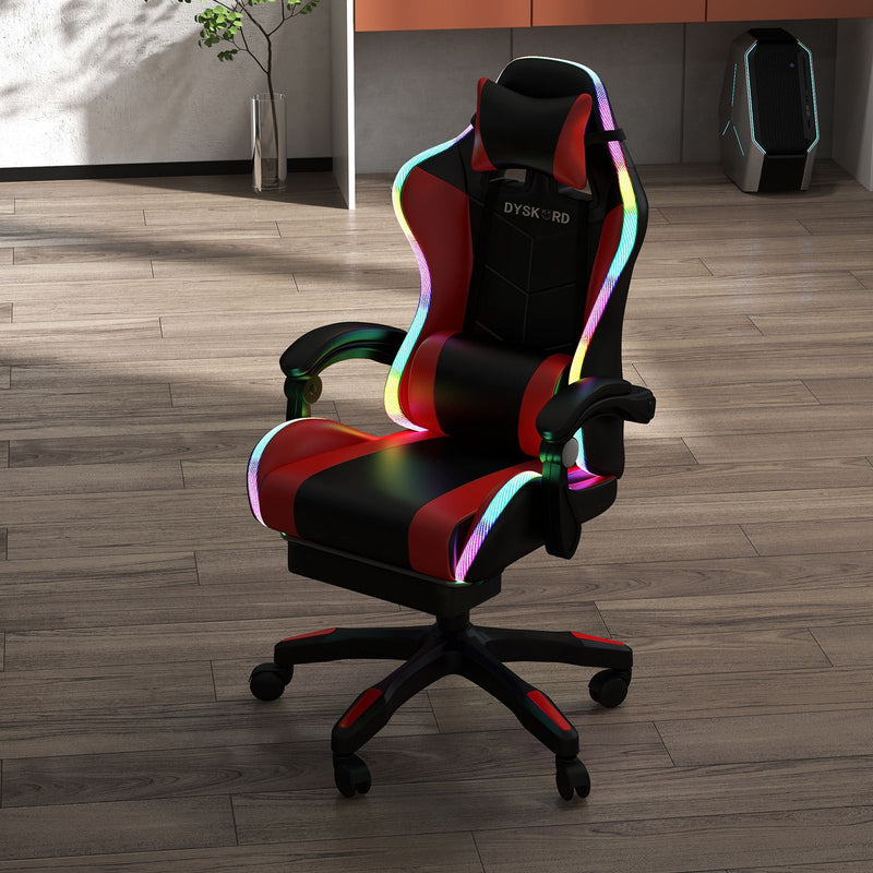 Dyskord Gaming Chair RGB LED Lighting Leg Rest Vibrating Lumbar Support Padded