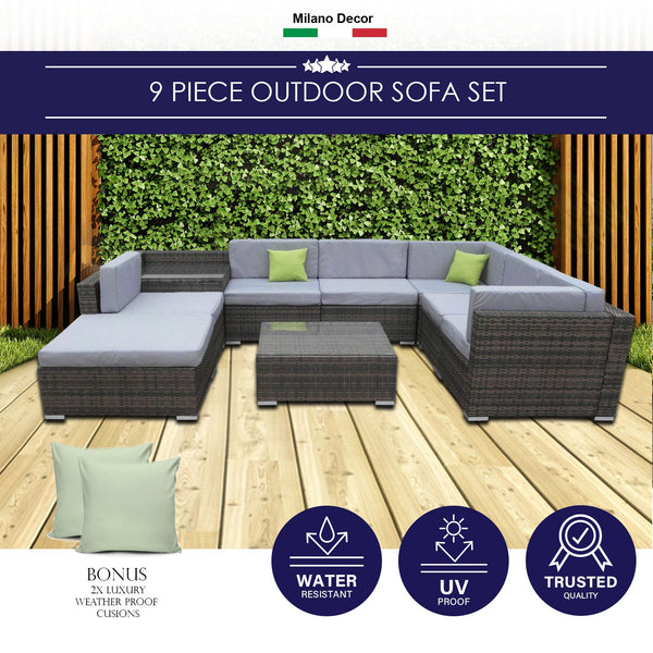 Milano 9 Piece Wicker Rattan Sofa Set Oatmeal Grey Outdoor Lounge Furniture