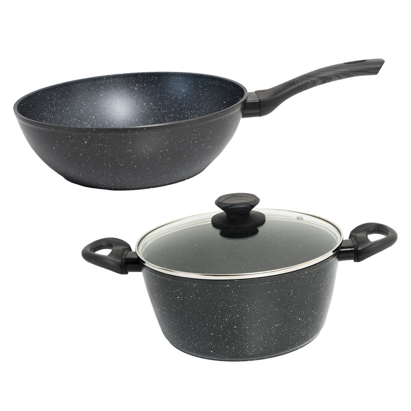 StoneChef 2 Piece Set Wok Pan 30cm + Casserole 24cm Cookware Black Grey Handle