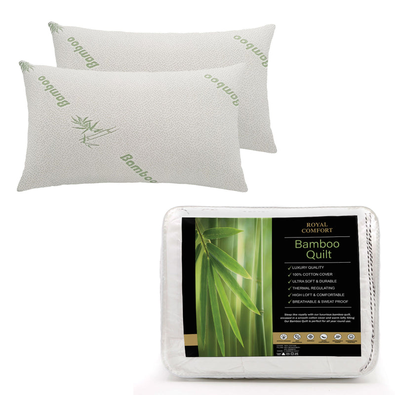 Royal Comfort Bundle Set Bamboo Memory Foam Pillows 2 Pack + 350GSM Bamboo Quilt