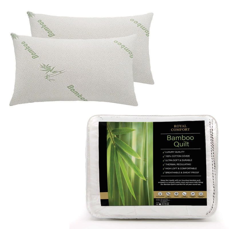 Royal Comfort Bundle Set Bamboo Memory Foam Pillows 2 Pack + 350GSM Bamboo Quilt