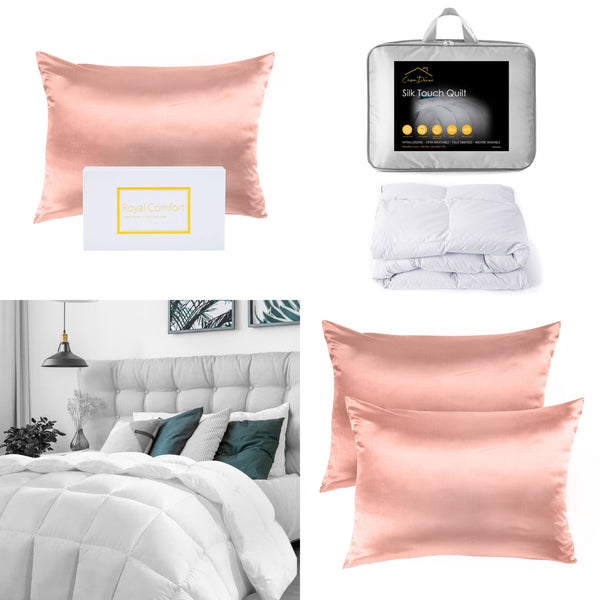 Silk Pillowcase Pack Blush And 360GSM Silk Touch Quilt Queen Bundle